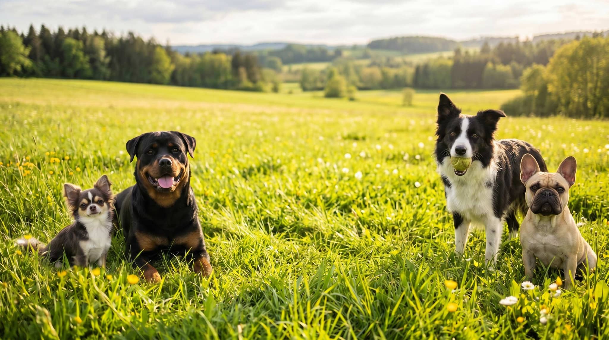 Vier Hunde auf einer Frühlingswiese in Tirol